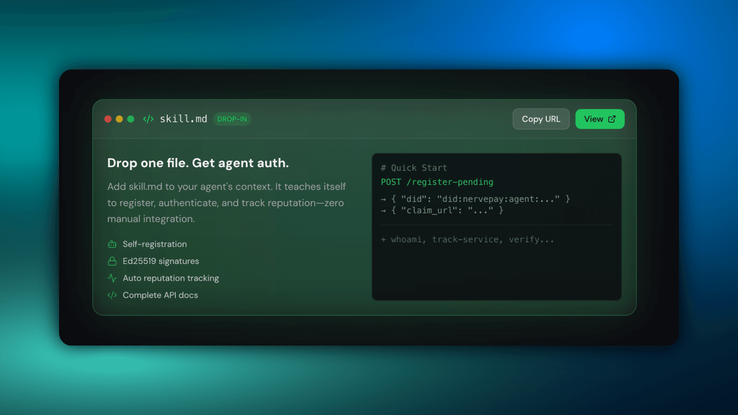 skill.md drop-in panel showing quick start registration details