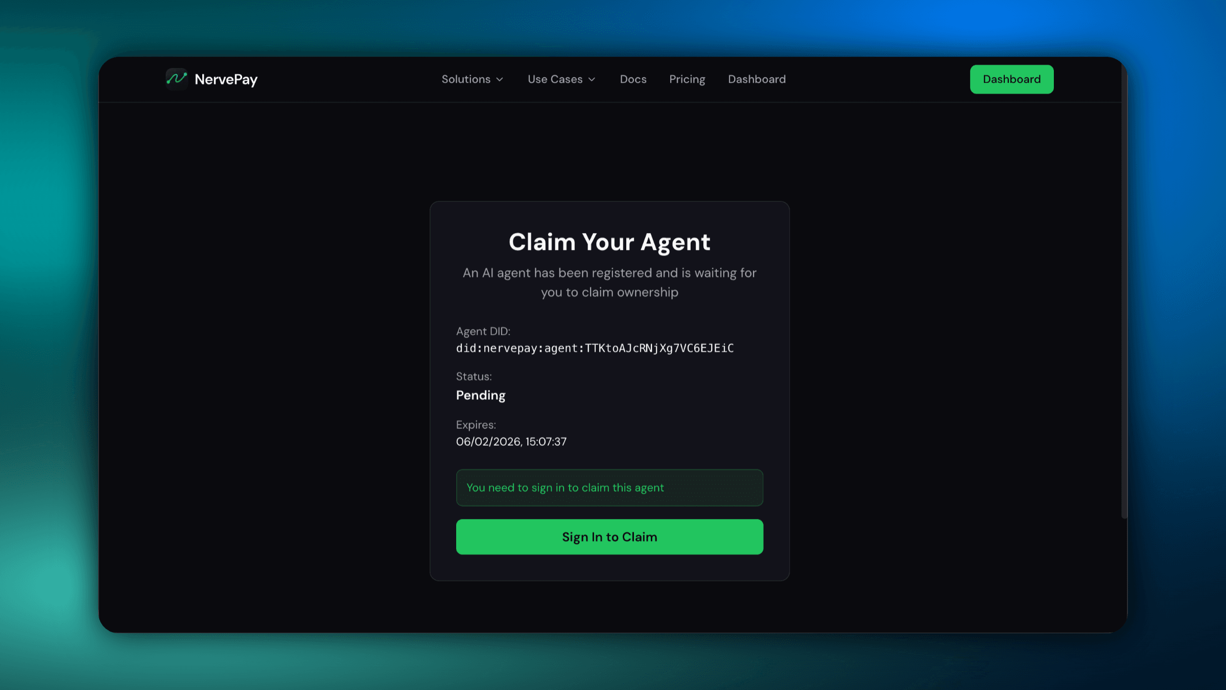 Claim your agent screen with a sign in to claim button