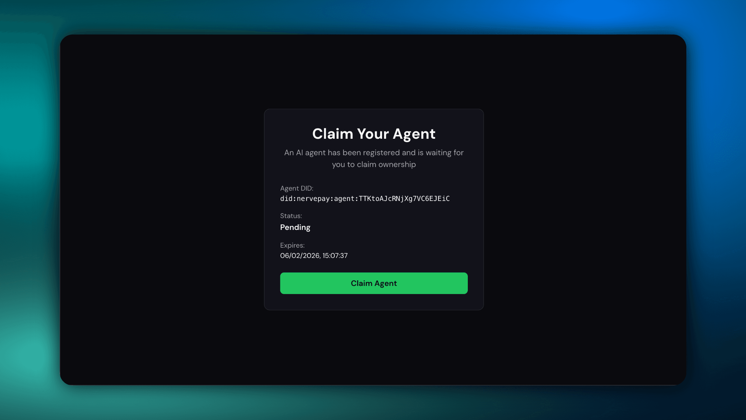 Claim your agent screen with a claim agent button